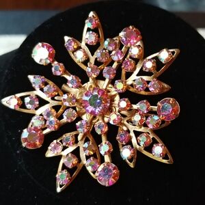 Vintage Pink Aurora Rhinestone Goldtone Snowflake Brooch Pin
